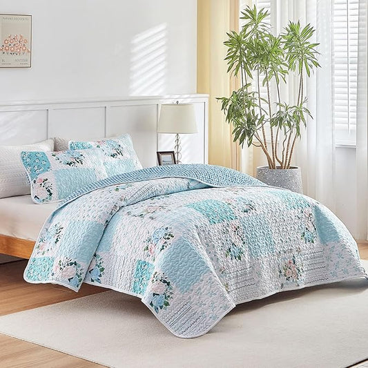Joyreap 3 Pieces Floral Patchwork Quilt Set Queen, Blue n White Flowers Design, Soft n Cozy Microfiber Quilt, Bedspread Bed Cover for All Season, 1 Quilt and 2 Pillow Shams- 90x90 inches