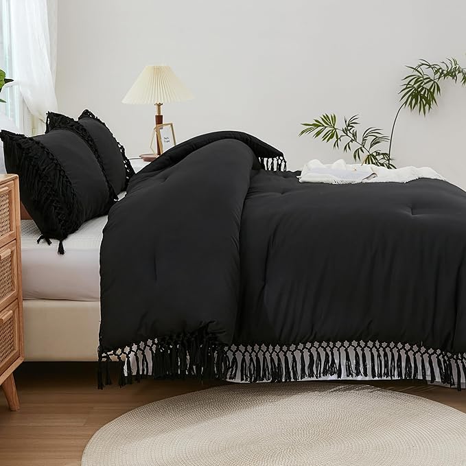 Andency Black Full Size Comforter Set, 3 Pieces Boho Tassel Lightweight Soft Bedding Comforter Sets, All Season Fluffy Fringe Bed Set (79x90In Comforter & 2 Pillowcases)