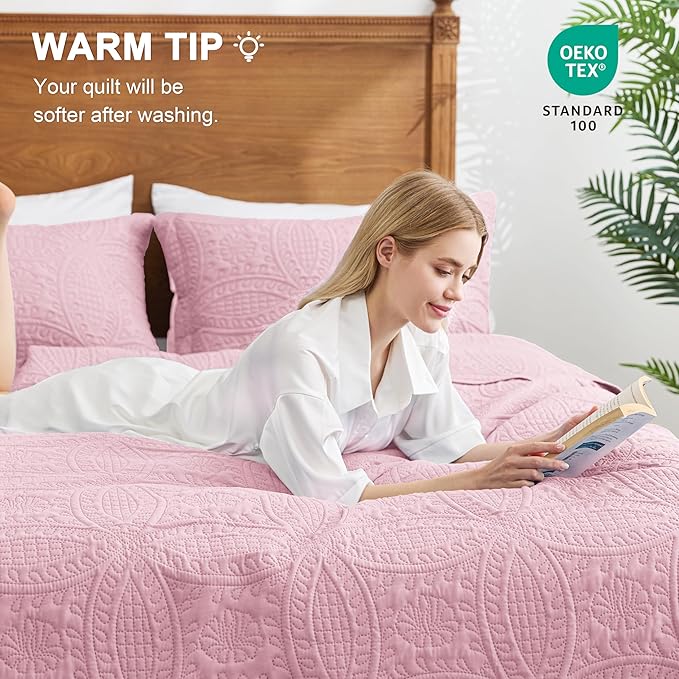 Love's cabin California King Size Quilt Bedding Set Pink Bedspreads - Cal King Summer Lightweight Bedspread Comforter - Coin Pattern Coverlet for All Season - 3 Pieces (1 Quilt, 2 Pillow Shams)