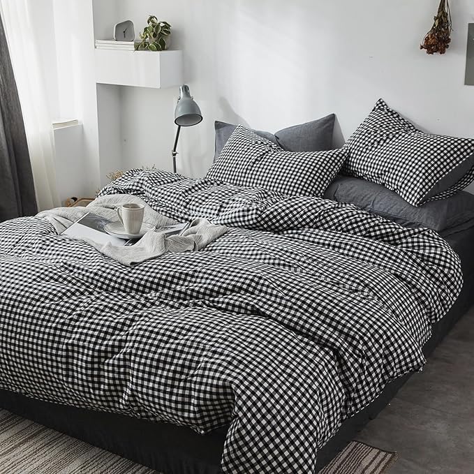 mixinni Black Gingham Comforter Set Twin XL, Plaid Comforter Set 3 Pieces 1 Black Grid Comfoter with 2 Pillow Cases for All Seasons, Soft Fluffy Modern Grid Pattern Printed Bedding-Twin XL Size