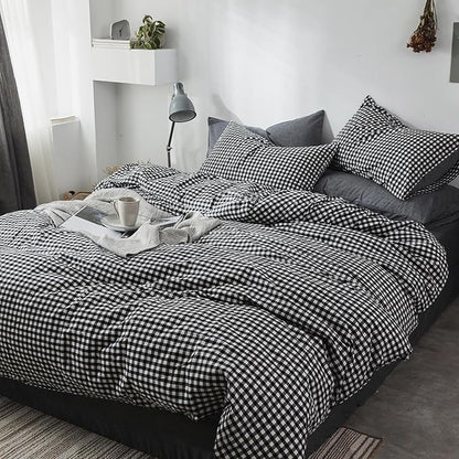 mixinni Black Gingham Comforter Set Queen, Plaid Comforter Set 3 Pieces 1 Black Grid Comfoter with 2 Pillow Cases for All Seasons, Soft Fluffy Modern Grid Pattern Printed Bedding-Queen Size