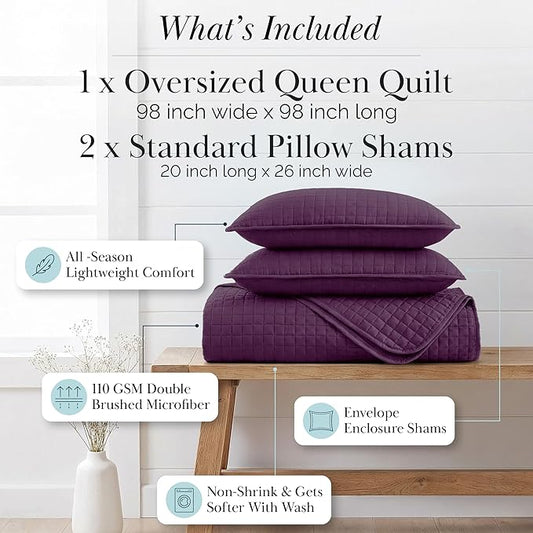 Southshore Fine Living, Inc. Quilts, Queen Size/Full Size Quilt Bedding Set, Stain & Pet Hair Resistant Bedding, Coverlet Queen Size/Full Size Lightweight Bedspread with 2 Pillow Shams, Purple