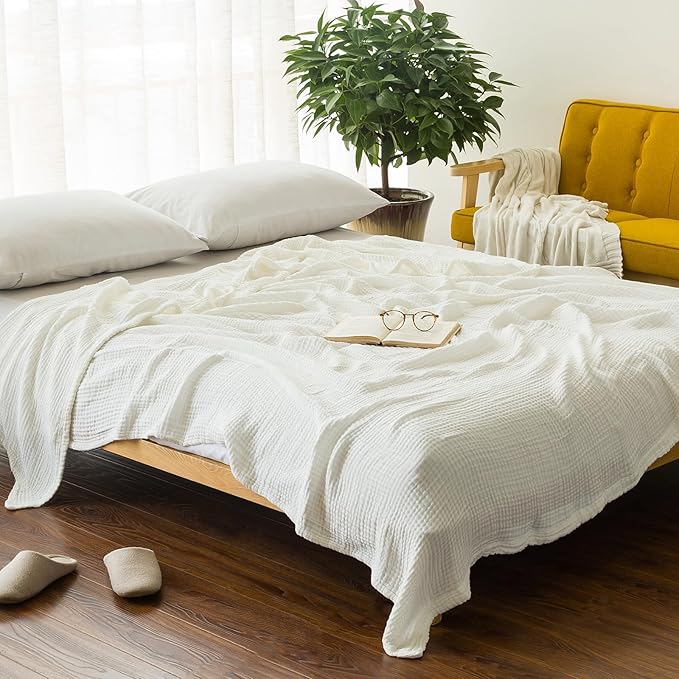 EMME Cotton Muslin Large Throw Blanket Couch Breathable Gauze Soft Lightweight Bed Blankets Adults (White,50"x70")