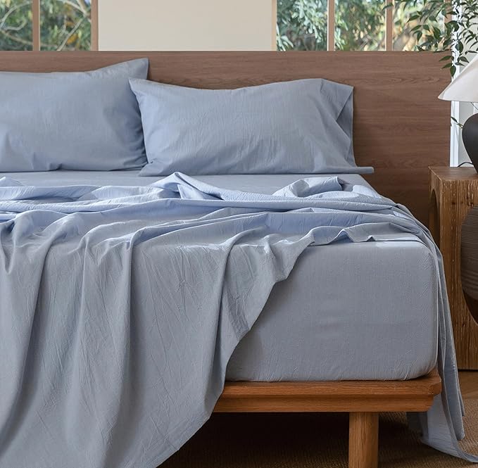 MooMee Bedding Sheet Set 100% Washed Cotton Linen Like Textured Breathable Durable Soft Comfy (Heathered Cornflower Blue, Twin)