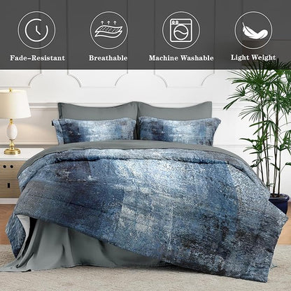 7 Pcs King Size Comforter Set with 2 Pillowcases & 2 Shams, Navy Indigo Blue Bedding for Kids and Adults, Contemporary Abstract Gray Bed in a Bag with Flat Fitted Sheet