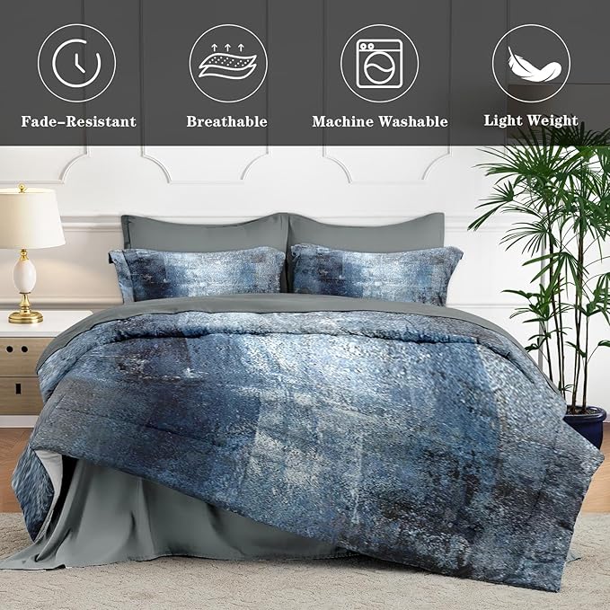 7 Pcs Full Size Comforter Set with 2 Pillowcases & 2 Shams, Navy Indigo Blue Bedding for Kids and Adults, Contemporary Abstract Gray Bed in a Bag with Flat Fitted Sheet