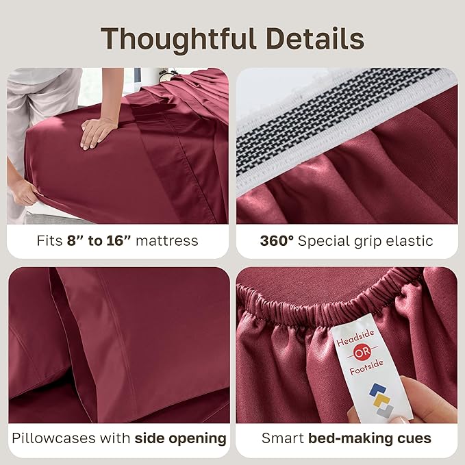 California Design Den Natural 100% Cotton Sheets King Size Deep Pocket Set - Luxury Hotel 800 Thread Count Sateen, King Size Sheets Set, Snug Fit and Durable Bedding - Red Wine