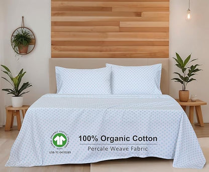 RUVANTI 100% Organic Cotton Sheets Queen Size, Percale Weave, GOTS Certified, 4-Piece Set, Deep Pocket 15", Crisp & Breathable, Soft Durable Bedding, Sábanas Algodón Orgánico – Circle Imprint