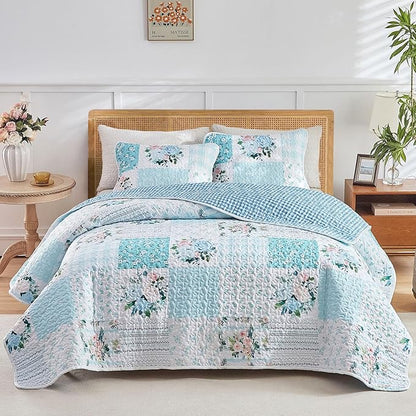 Joyreap 3 Pieces Floral Patchwork Quilt Set King, Blue n White Flowers Design, Soft n Cozy Microfiber Quilt, Bedspread Bed Cover for All Season, 1 Quilt and 2 Pillow Shams- 102x90 inches