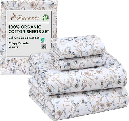 RUVANTI 100% Organic Cotton Sheets California King, Percale Weave, GOTS Certified, 4-Piece Set, Deep Pocket 13", Crisp & Breathable, Soft Durable Bedding, Sábanas Algodón Orgánico – Tranquil