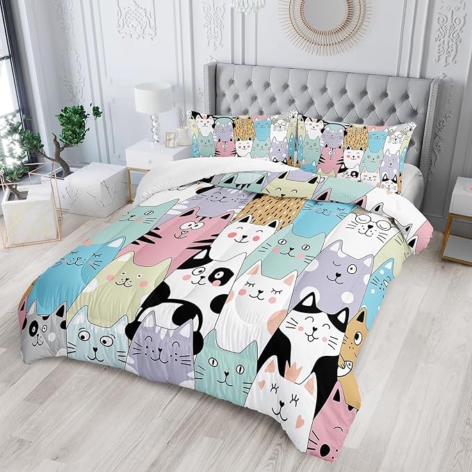 Cat Comforter Set for Girls - Kawaii, Cute Full Size Bedding Set with Cat Room Decor