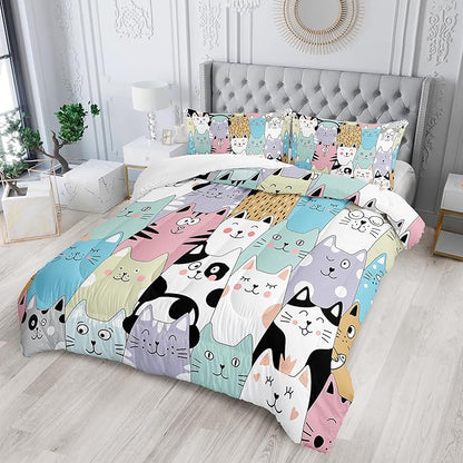 Cat Comforter Set for Girls - Kawaii, Cute Full Size Bedding Set with Cat Room Decor