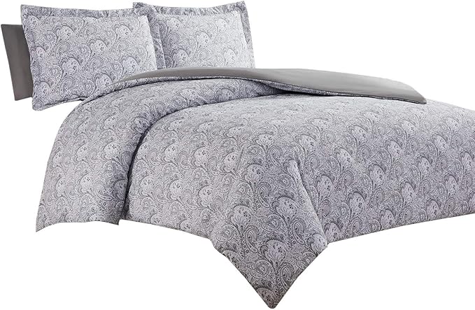 Mellanni Duvet Cover Set - 3 PC Iconic Collection Bedding Set - Hotel Luxury, Extra Soft & Cooling - Microfiber - Button Closure and Corner Ties (Twin, Paisley Gray)