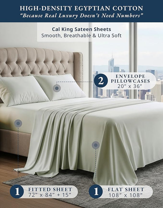 LANE LINEN 100% Egyptian Cotton Bed Sheets sábanas California King, Soft & Comfy Thick Bedding Sheets & Pillowcase Set, Machine Wash 16" Deep Pocket Cal King Sheet Set -Mineral