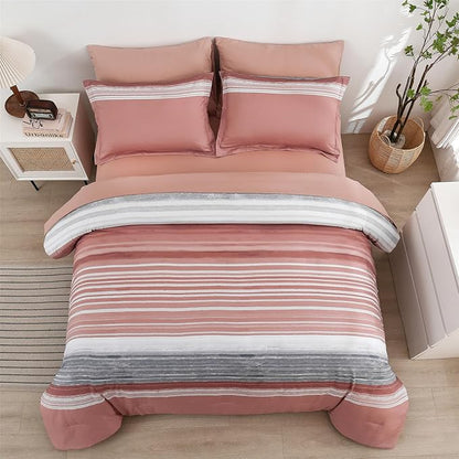 KAKIJUMN 7 Piece Bed in a Bag Stripe Comforter Set Queen Size, White Grey Blush Pink Patchwork Striped Comforter and Sheet Set, All Season Soft Microfiber Complete Bedding Sets(Pink,Queen)