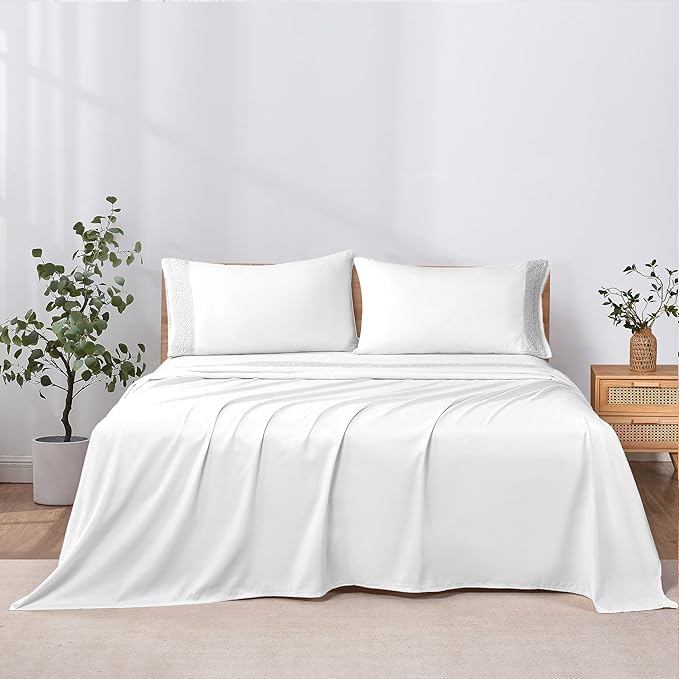 Modern Threads 4 Piece Microfiber Sheet Set – Soft Cooling Bed Sheets with Crochet Lace – Deep Pocket, Wrinkle Free, Breathable, Hotel Luxury Bedding, White, Full