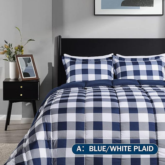 downluxe Lightweight Plaid Comforter Set (King) with 2 Pillow Shams - 3-Piece Set - Blue/White Plaid - Down Alternative Reversible Comforter