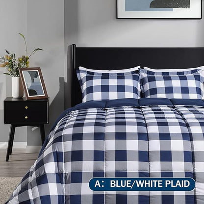 downluxe Lightweight Plaid Comforter Set (Queen) with 2 Pillow Shams - 3-Piece Set - Blue/White Plaid - Down Alternative Reversible Comforter
