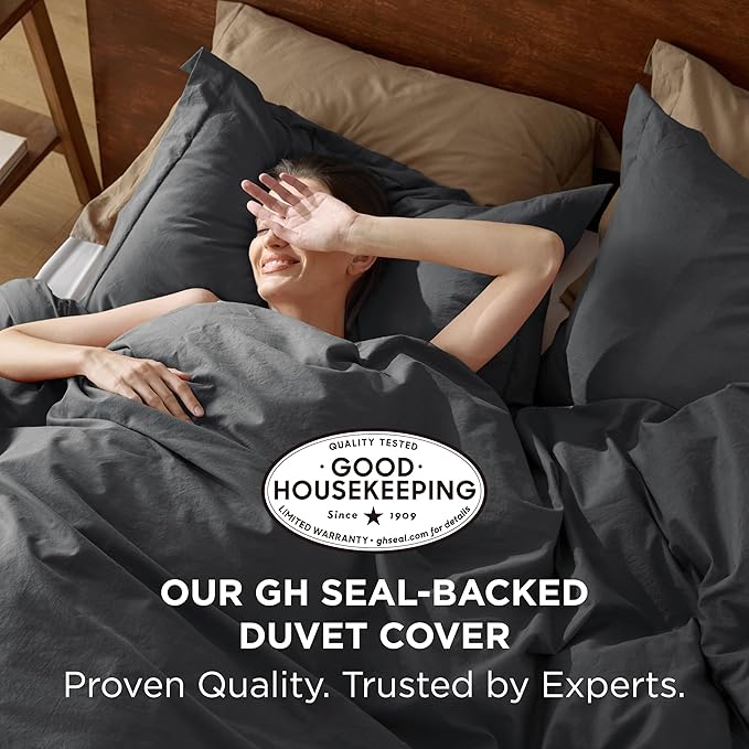 Bedsure 100% Washed Cotton Duvet Cover King - Charcoal Minimalist Bedding Set Linen Like - PureWoven Plain Simple & Soft Comforter Cover for All Seasons (Charcoal, King, 104"x90")