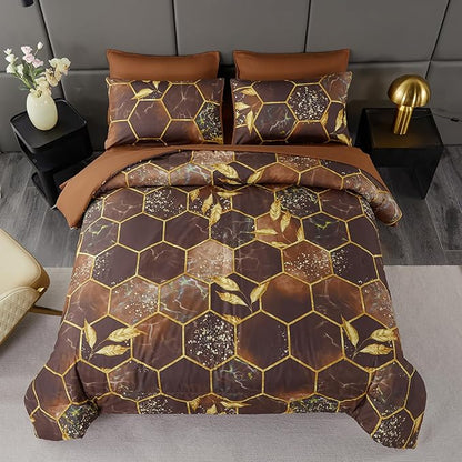 ANGIYUIN 7 Pcs Brown Comforter Sets Queen 3D Honeycomb Bed in A Bag Marble Watercolor Comforter Bedding Sets Foil Print Bed Sets with Matched Sheets Pillowcases(Brown, Queen)