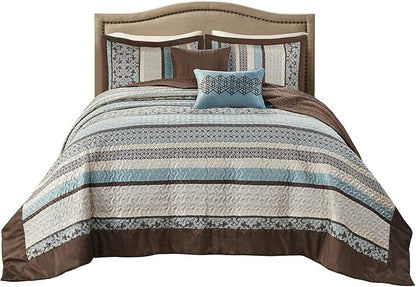 Madison Park Princeton Reversible Quilted Bedspread Set, Solid Reverse Summer Breathable, Lightweight All Season Bedding Layer, Matching Shams, Bedspread Queen(102"x118"), Blue 5 Piece