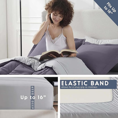 Nestl 7 Piece Queen Comforter Set – Grayish Purple Reversible Bed in a Bag – Complete Queen Size Bedding Set with Sheets, Pillowcases and Shams