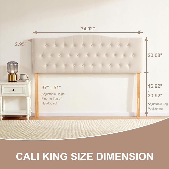 Tufted Headboard California King Size, Sturdy Solid Wood Head Board, Beige | Upholstered California King Headboard with Solid Wood Legs, Adjustable Height 37-51 in, Fabric Button Diamond HeadBoards