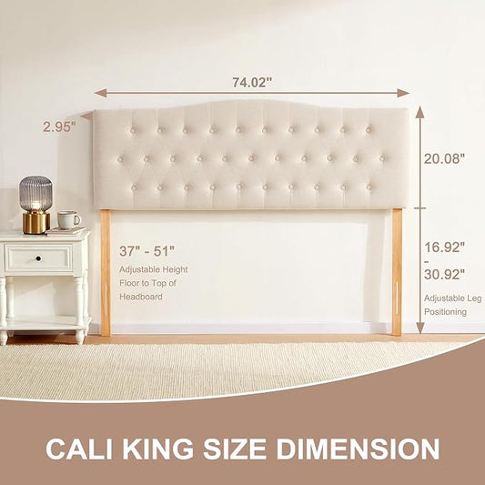 Tufted Headboard California King Size, Sturdy Solid Wood Head Board, Beige | Upholstered California King Headboard with Solid Wood Legs, Adjustable Height 37-51 in, Fabric Button Diamond HeadBoards