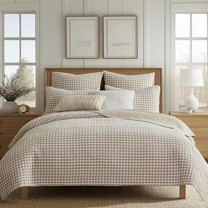 Levtex Home - Camden Gingham Stitch Taupe Quilt Set - Full/Queen Quilt (88x92in) and 2 Standard Shams (20x26in) - Textured Gingham - Taupe and Cream - Reversible - Cotton | Textured