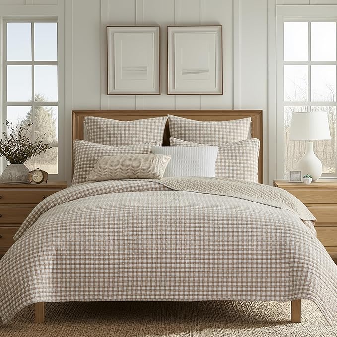 Levtex Home - Camden Gingham Stitch Taupe Quilt Set - King Quilt (106x92in) and 2 King Shams (20x36in) - Textured Gingham - Taupe and Cream - Reversible - Cotton | Textured