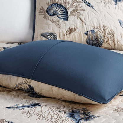 Madison Park Quilt Set Cottage Coastal Design, Starfish Print - All Season, Coverlet Bedspread Lightweight Bedding Layer, Shams, Toss Pillows, Full/Queen(90"x90"), Bayside Blue/Ivory 6 Piece
