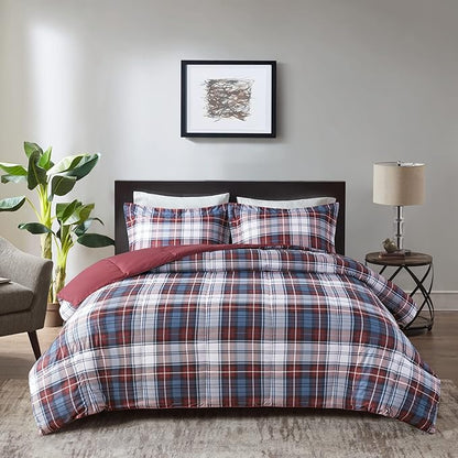 Madison Park Essentials Parkston Plaid Comforter, Matching Sham, 3M Scotchguard Stain Release Cover, Hypoallergenic All Season Bedding-Set, Full/Queen, Red, 3 Piece