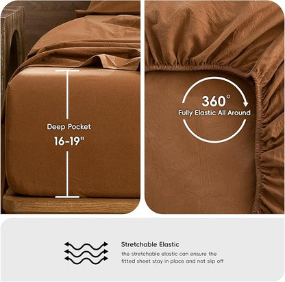 MooMee Bedding Sheet Set 100% Washed Cotton Linen Like Textured Breathable Durable Soft Comfy (Solid Dark Orange, Twin)