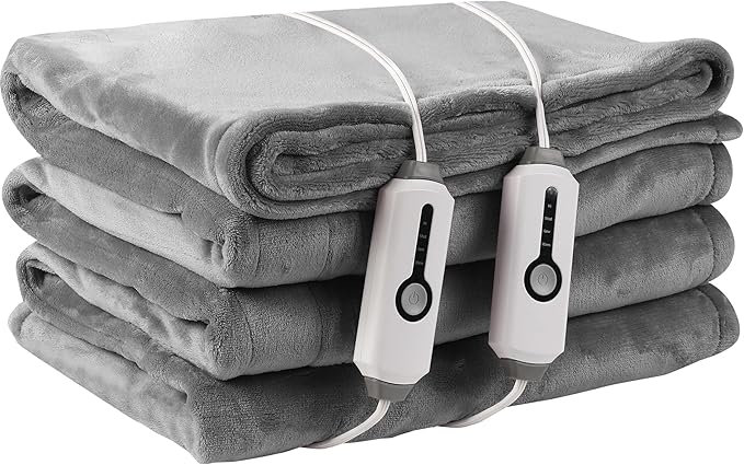 Electric Heated Blanket Queen Size 84"x90", Breathable & Luxurious Flannel, with Dual Control, with 4 Heating Levels & 10 Hours Auto-Off, Fast Heating, Machine Washable, for Bedding-Light Gray