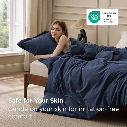 Bedsure 100% Washed Cotton Duvet Cover Queen Size - Navy Minimalist Bedding Set Linen Like - PureWoven Plain Simple & Soft Comforter Cover for All Seasons (Navy, Queen, 90"x90")
