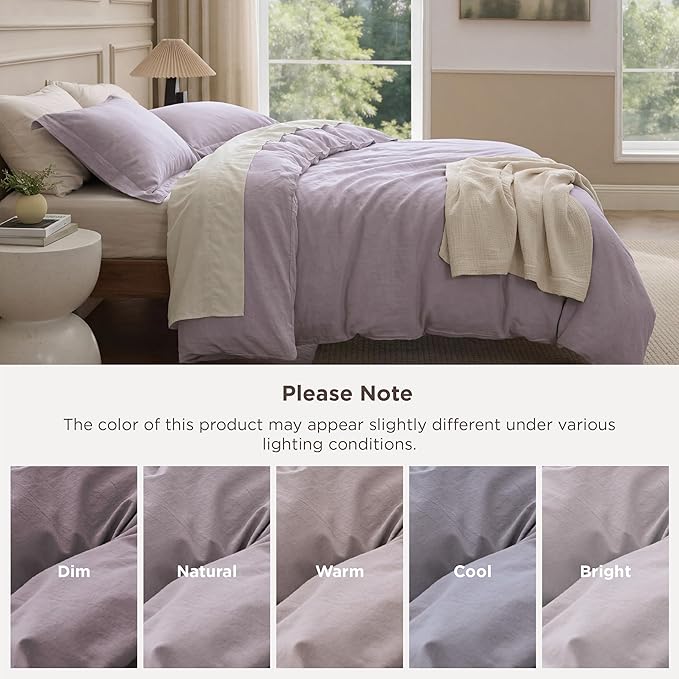 Bedsure 100% Washed Cotton Duvet Cover Queen Size - Lavender Minimalist Bedding Set Linen Like - PureWoven Plain Simple & Soft Comforter Cover for All Seasons (Lavender, Queen, 90"x90")