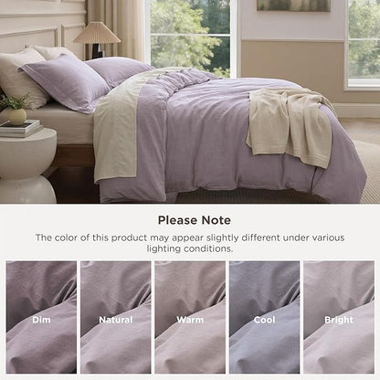 Bedsure 100% Washed Cotton Duvet Cover Queen Size - Lavender Minimalist Bedding Set Linen Like - PureWoven Plain Simple & Soft Comforter Cover for All Seasons (Lavender, Queen, 90"x90")