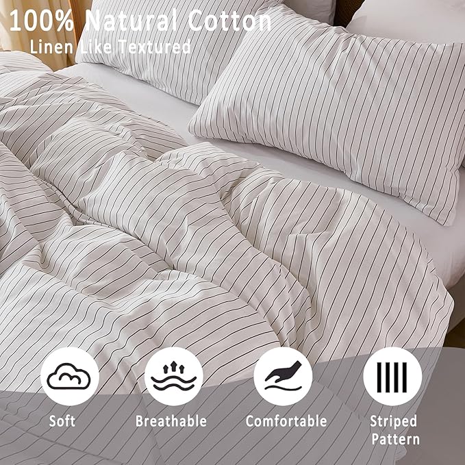 Merryword 100% Cotton Duvet Cover Set King Size, Black Pinstripe Duvet Cover Set with Zipper Closure & 8 Corner Ties, Soft Lightweight Comforter Cover, Luxury Linen Like Bedding for All Seasons