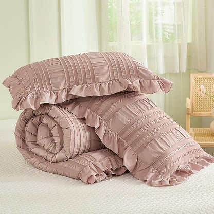 WONGS BEDDING Comforter Full Size, Pink Ruffle Comforter for Full Bed for Dorm Room Essentials, Soft Seersucker Textured Bedding Set Full Size Comforter Sets for Girls 90"×78"