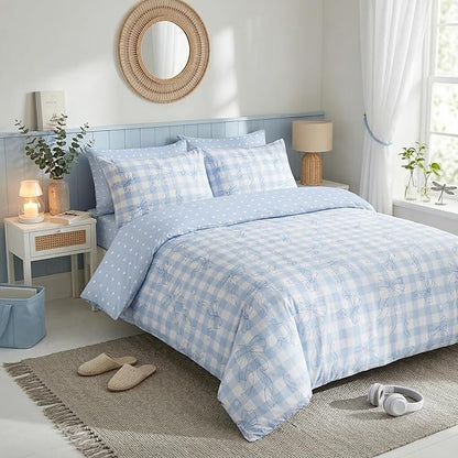 Blue Gingham Queen Comforter Set 3 Pcs Bow Bedding Set for Girls Checkered Plaid Comforter Set with 2 Pillowcases, 90"x90"