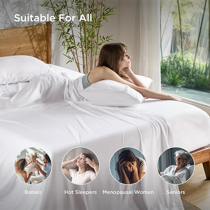 Bedsure King Size Sheet Set, Cooling Sheets, Rayon Derived from Bamboo, Deep Pocket Up to 16", PureWoven, Breathable & Soft, Bed Sheets, Hotel Luxury Silky Bedding for Hot Sleepers, White