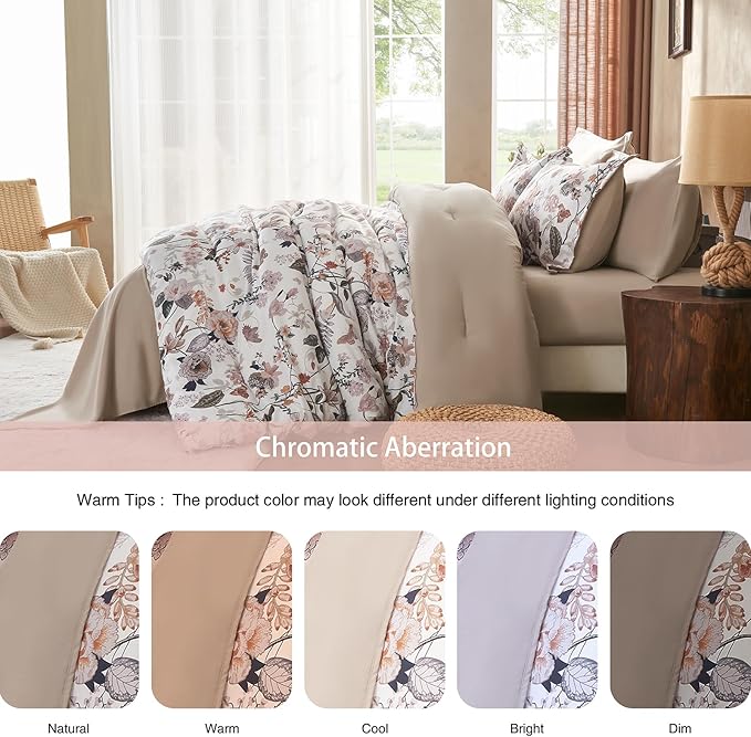 7 Piece King Comforter Set, Dusty Pink Butterfly Floral Comforter Set with Flowers Leaves Pattern, Soft Microfiber Complete Bedding Set for All Season(Dusty Pink, King)
