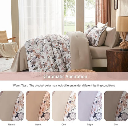 7 Piece King Comforter Set, Dusty Pink Butterfly Floral Comforter Set with Flowers Leaves Pattern, Soft Microfiber Complete Bedding Set for All Season(Dusty Pink, King)