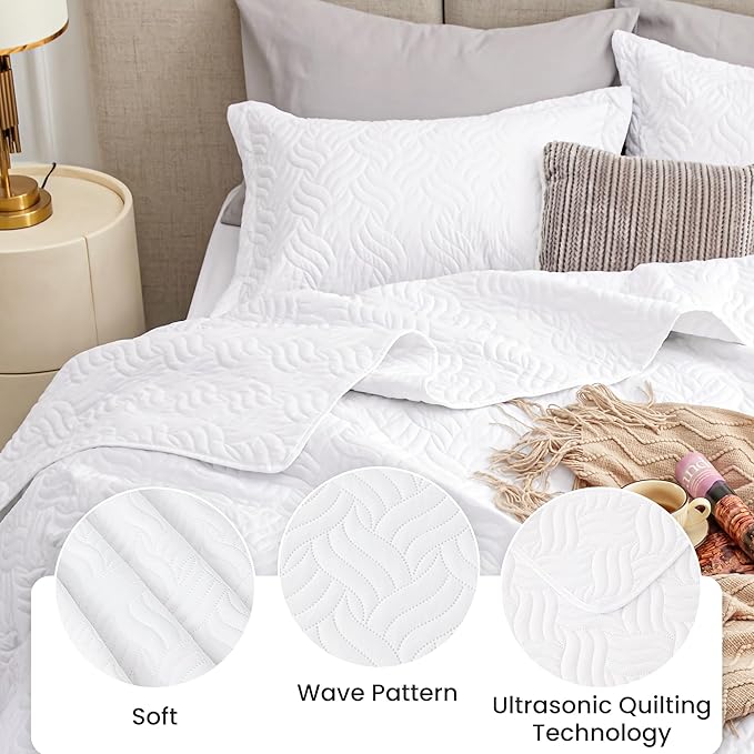 Love's cabin Quilts for Full Bed White Bedspreads Bedding Set - Lightweight Bedspread Comforter - Wave Pattern Bedding Coverlet for All Season - 3 Pieces (1 Quilt, 2 Pillow Shams)