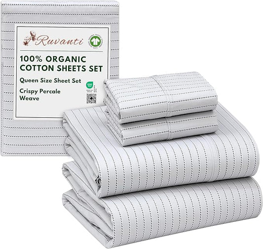 RUVANTI 100% Organic Cotton Sheets Queen Size, Percale Weave, GOTS Certified, 4-Piece Set, Deep Pocket 15", Crisp & Breathable, Soft Durable Bedding, Sábanas Algodón Orgánico – Construction Line