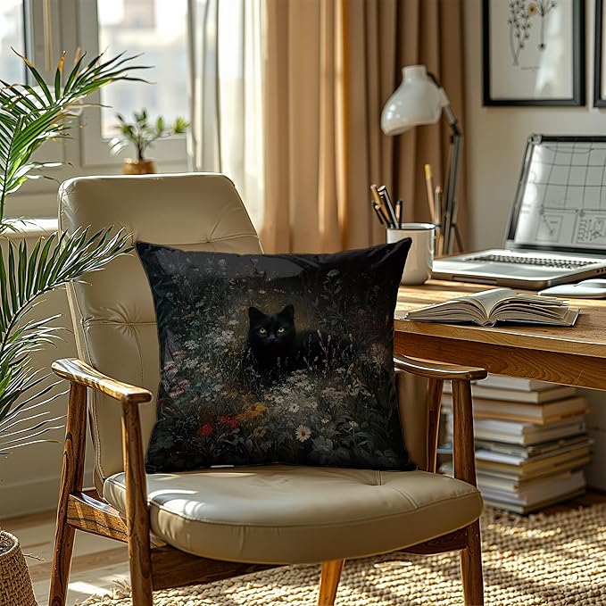 Vintage Floral Black Cat Pillow Covers 18x18, cat Gifts for Women,Dark Cottagecore Flower Decor, Gothic Moody Black Kitten Pillowcase for Prayer Room，Aesthetic Black Cats Vintage Cats Decor