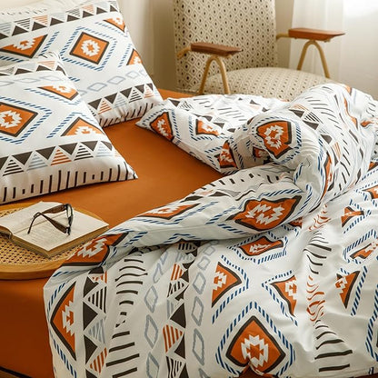Houseri Orange and Brown Boho Comforter Set Queen Geometric Mocha Blue Diamonds Artistic Bedding Sets Queen Size Women Men Earth Tone Bohemian Triangle Farmhouse Retro Fashion Bed Quilt Blankets Queen