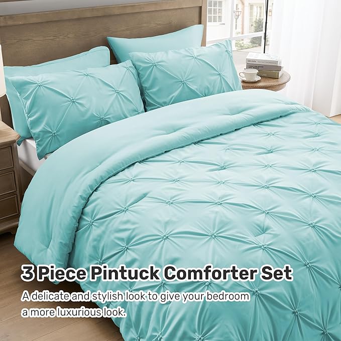 UNIKOME Queen Comforter Set Aqua Blue - Ultra Soft Boho Pintuck Down Alternative Bedding Set for All Seasons, 3 Pieces Lightweight Warm Pinch Pleat Bed Set with Comforter, 2 Pillowcases