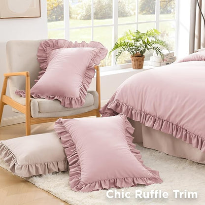 Litanika Grayish Pink Full Size Comforter Sets, 3 Pieces Ruffle Farmhouse Aesthetic Bedding Comforter Sets, All Season Soft Lightweight Fluffy Microfiber Bed Set(79x90In Comforter, 2 Pillowcases)