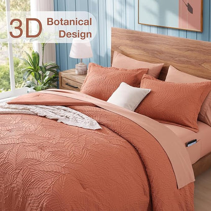 Geniospin Queen Size Comforter Set - 7 Pieces Burnt Orange Bedding Set, Botanical Textured Comforter Set, All Season Lightweight Bed in a Bag with Comforter, Sheets, Pillowcases & Shams